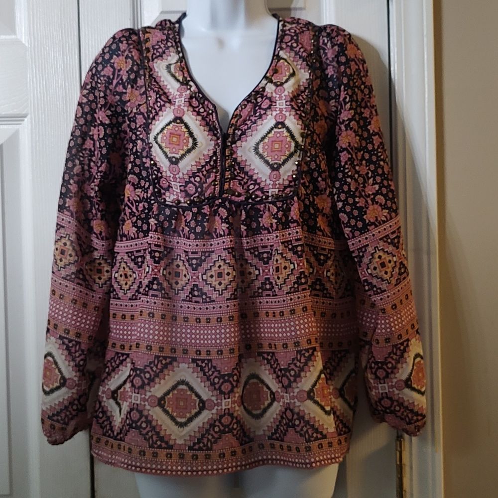 Tantrums Navy Mauve Boho Aztec Sheer Style Long Sleeve Blouse Sz S